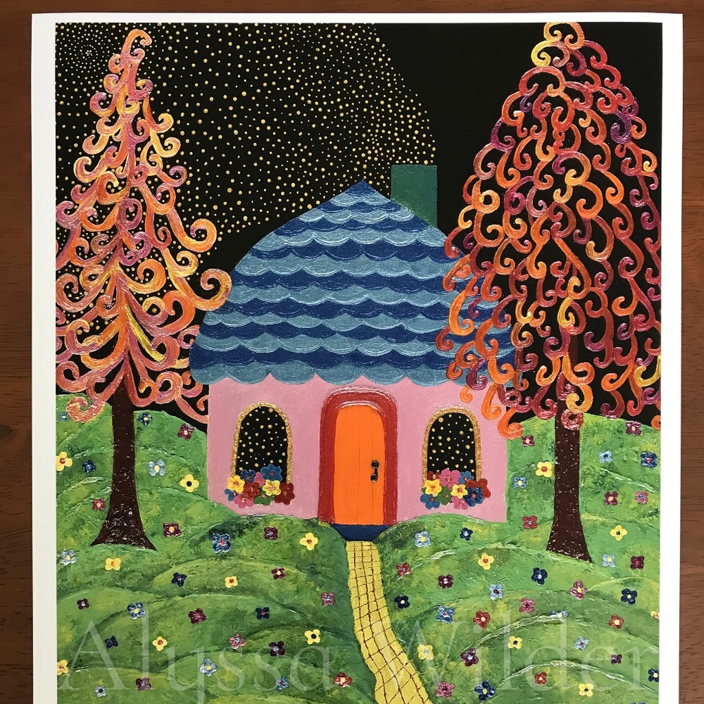 Original Print Whimsical Cottage Night Sky Stars